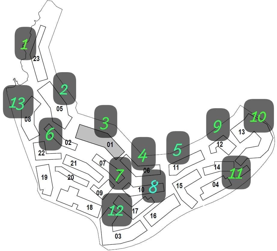 Site plan of Sindalah Island with the 13 building locations highlighted as numbered grey markers (1 through 13), overlaid on the building footprint layout, with sub-tower numbering 01 through 23.