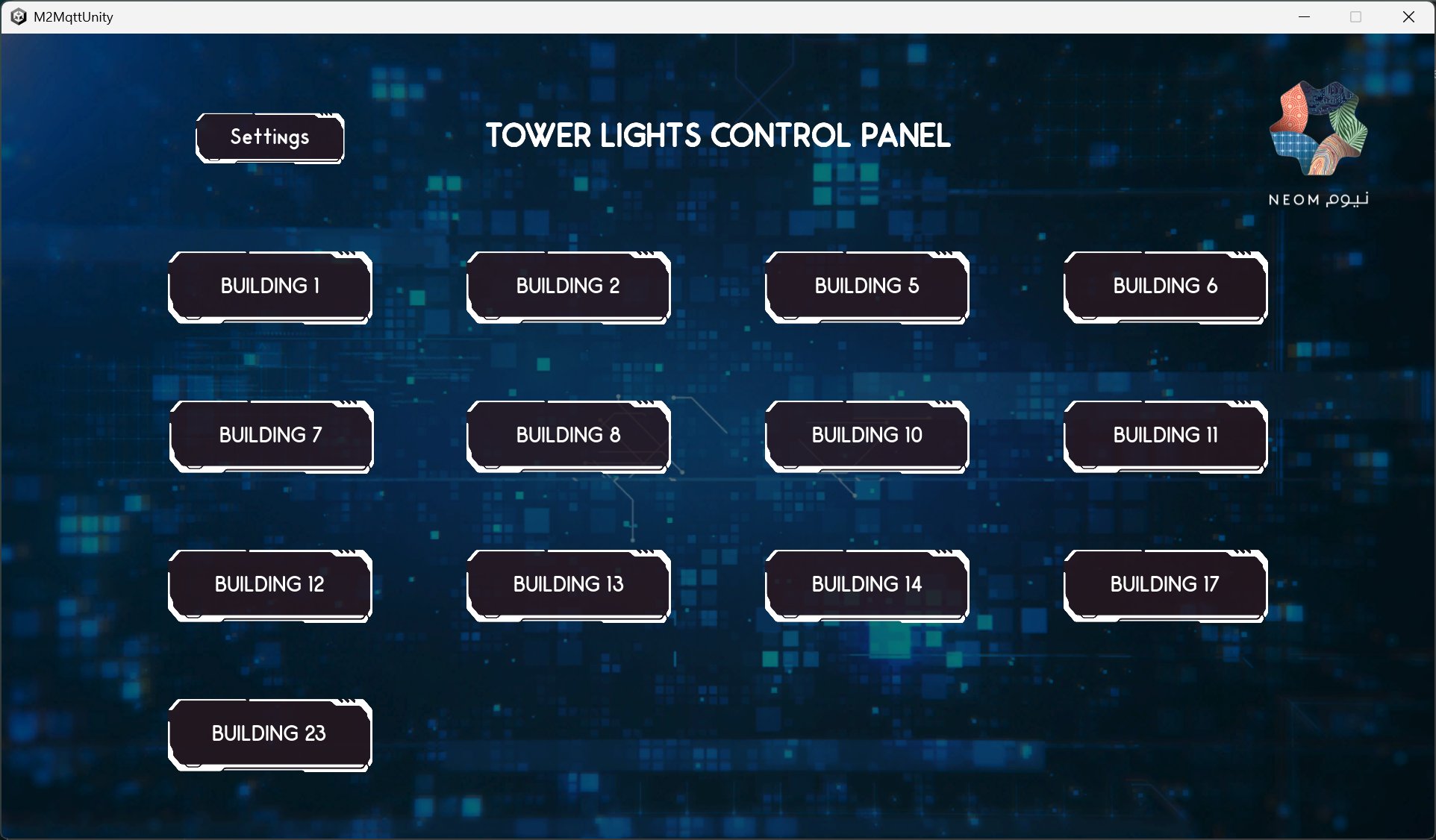 The Unity control panel running on a Surface Pro tablet. NEOM branding top-right, building selectors arranged in a grid, sci-fi UI treatment matching the development's aesthetic.