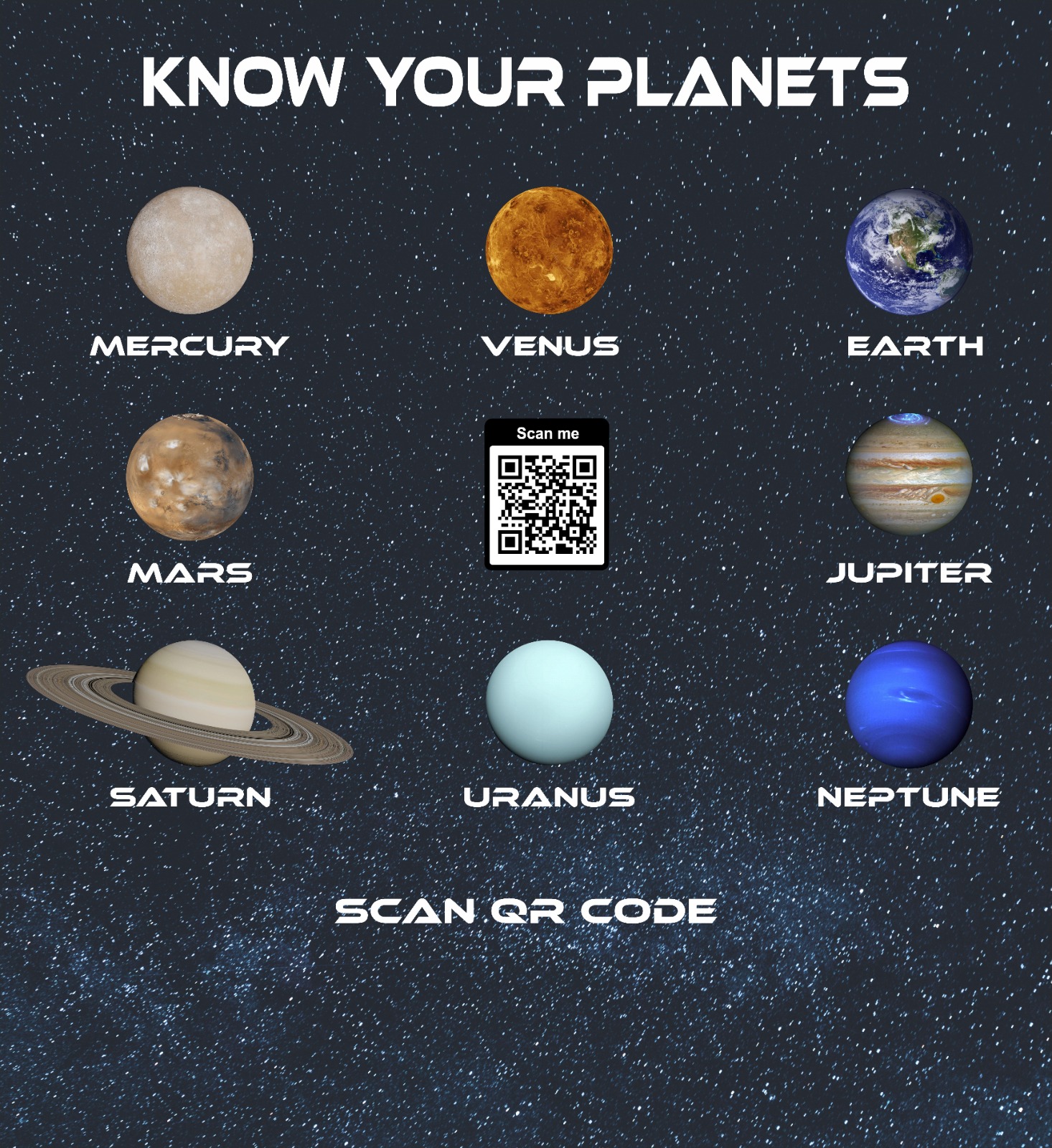 PlanetSAR poster with nine planets and QR codes for AR scanning