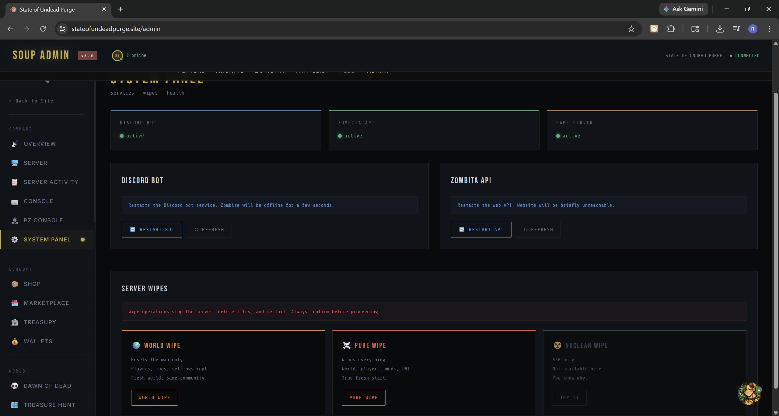 System panel showing service health for Discord bot, Zombita API, and Game Server, plus server wipe controls